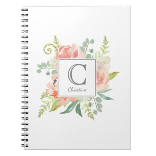 Pfirsiche und cremefarbene Flora mit Monogramm Notizblock