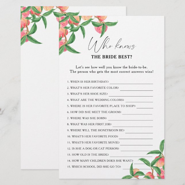 Pfirsiche - Wer kennt das beste Spiel der Braut (Vorne/Hinten)