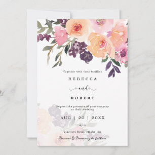 Pfirsichfarben lila Blumen Moderne Hochzeitseinlad Einladung
