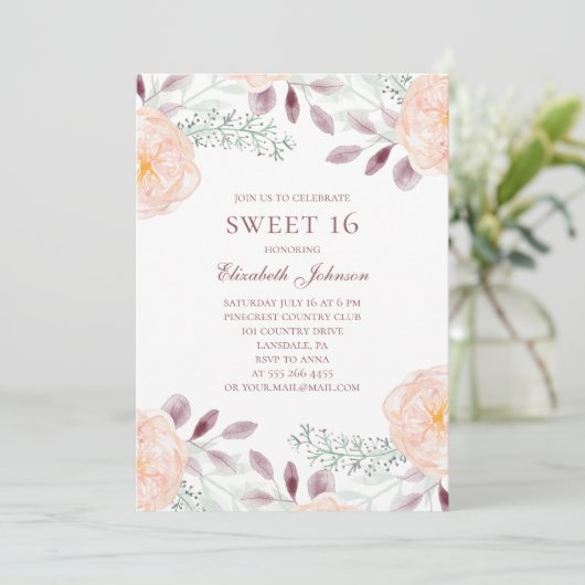 Pfirsichfarben Süß 16. 16. Blumengeburt Einladung (Stehend Vorderseite)