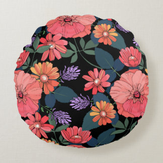 Pfirsichfarben und Lila Blume Rundes Kissen
