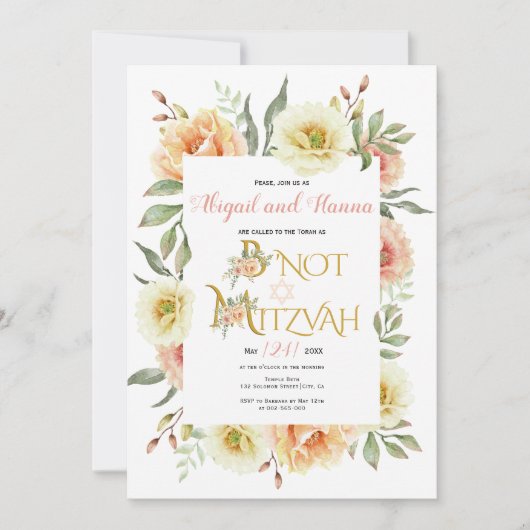 Pfirsichfarbene Blume floral B' Nicht Mitzvah Einladung (Vorderseite)