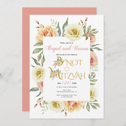 Pfirsichfarbene Blume floral B' Nicht Mitzvah Einladung (Vorne/Hinten)