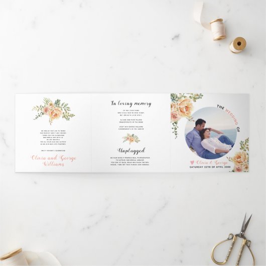 Pfirsichfarbene Blume, grüne Blätter, Foto Dreifach-gefaltete Programmkarte (Außenbereich)