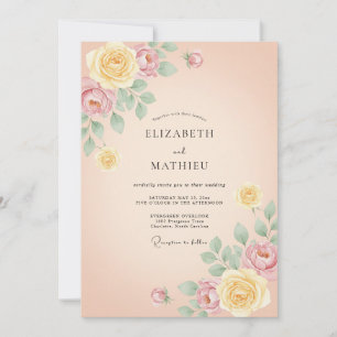 Pfirsichfarbene Blumige Hochzeit mit Malstil Einladung
