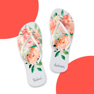 Pfirsichfarbene Blüte mit Ihrem Namen Badesandalen