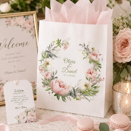 Pfirsichfarbene Blütenhochzeit und Blütenrosa Geschenktütchen