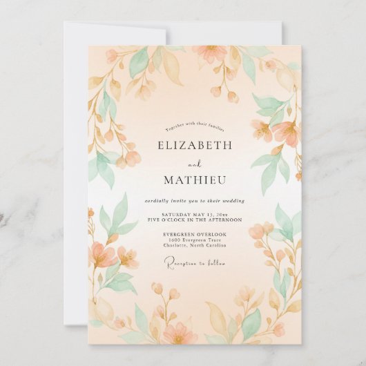 Pfirsichfarbene Botanische Hochzeit Einladung (Vorderseite)