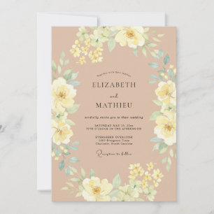 Pfirsichfarbene botanische Hochzeit mit strahlende Einladung