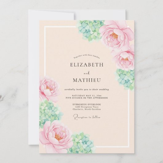 Pfirsichfarbene Florale Hochzeit Einladung (Vorderseite)