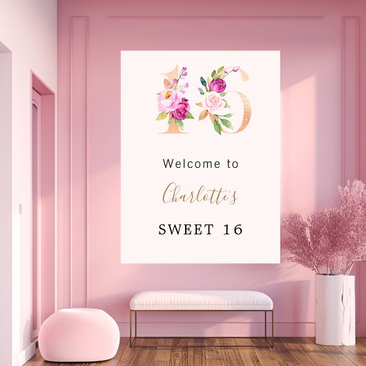 Pfirsichfarbene Floralnummer Sweet 16 welcome Poster