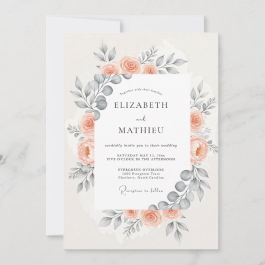 Pfirsichfarbene harmonische botanische Hochzeit Einladung (Vorderseite)