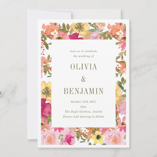 Pfirsichfarbene Hochzeit der Flora in Gelb Einladung (Vorderseite)