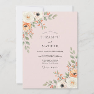 Pfirsichfarbene künstlerische botanische Hochzeit Einladung