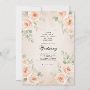Pfirsichfarbene Romantische Florale Hochzeit Einladung