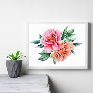 Pfirsichfarbene rosa florale Pfingstrosen-Wandkuns Poster