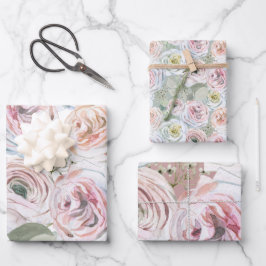 Pfirsichfarbene Rose Weiß Blütensaft Salbei Geschenkpapier Set