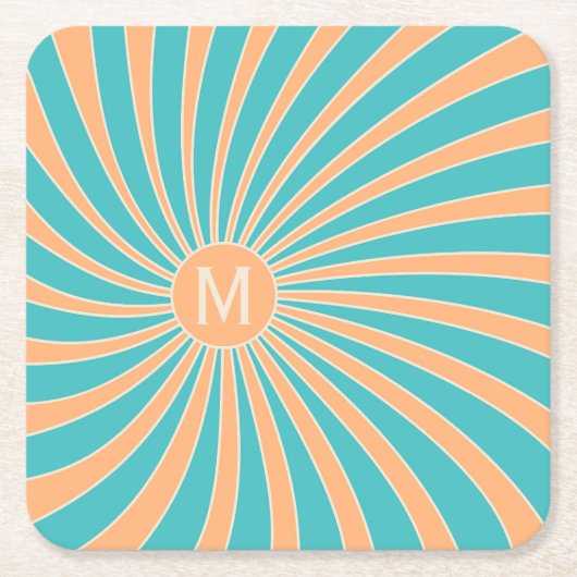 Pfirsichfarbene und türkisfarbene Retrostil Rechteckiger Pappuntersetzer (Vorderseite)