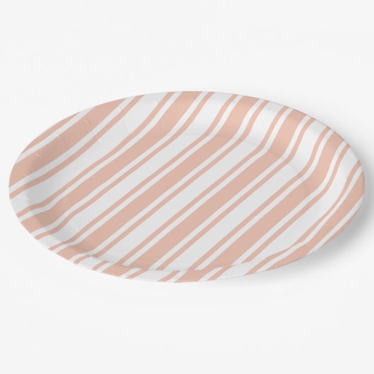 Pfirsichfarbene und weiße Streifen Pappteller (Schrägansicht)