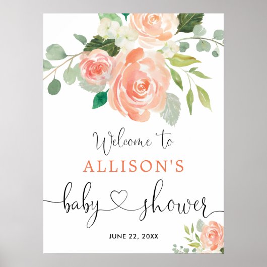 Pfirsichgrün Blumen Babydusche Begrüßungszeichen Poster (Vorne)