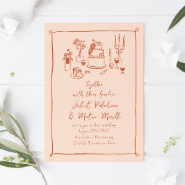 Pfirsichhochzeit mit handgeschriebenen Speisen und Einladung