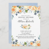Pfirsichkoralle, blaues, blumenblaues Brautparty Einladung (Vorne/Hinten)