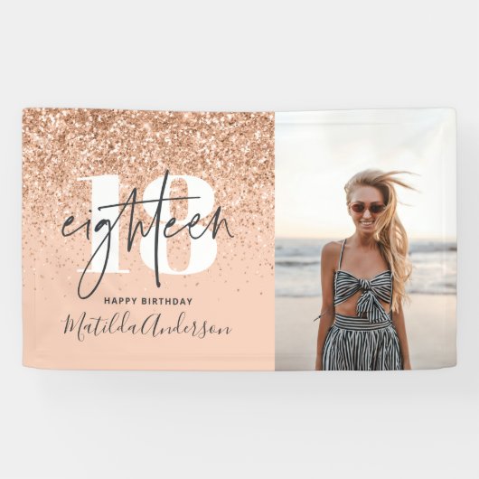 Pfirsichmädchen moderner Glitzer schick 18 Geburts Banner (Horizontal)