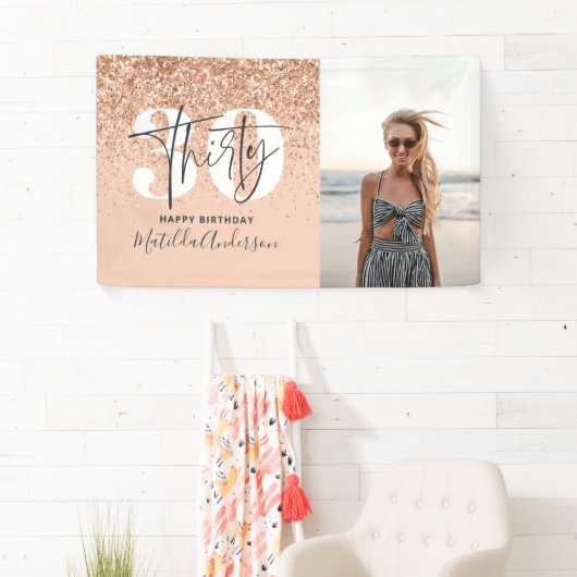 Pfirsichmädchen moderner Glitzer schick 30 Geburts Banner (Insitu)