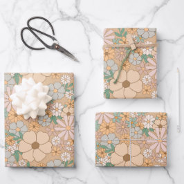 Pfirsichorange, rosa Grau, Blüte, 3 Set Geschenkpapier Set