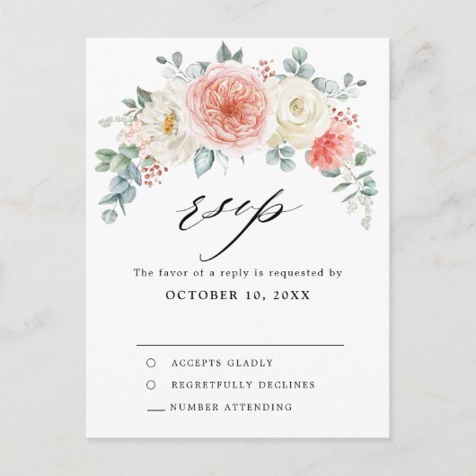 Pfirsichpastel Pink Floral Wedding RSVP Postkarte (Vorderseite)