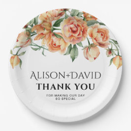 Pfirsichpfirsichhochzeit, Blume und Typografie Pappteller