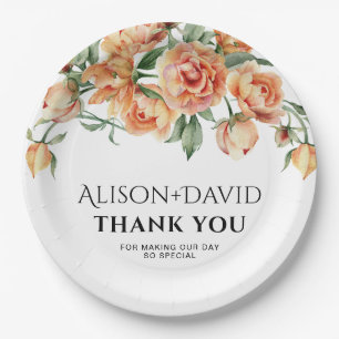 Pfirsichpfirsichhochzeit, Blume und Typografie Pappteller