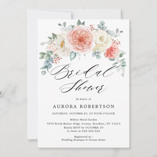 Pfirsichpulver Pink Floral Brautparty Einladung (Vorderseite)