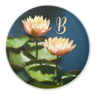 Pfirsichrosa blauer Floral Monogramm-Schublade Keramikknauf