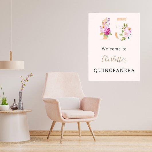 Pfirsichrosa Blumennummer Quinceanera Empfang Poster