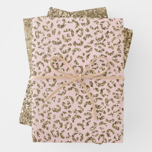 Pfirsichrosa Glitzer Gold Leopard Print Geschenkpapier Set (Beispiel)