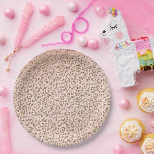 Pfirsichrosa Glitzer Gold Leopard Printwerbung Pappteller (Party)