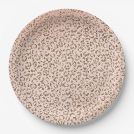 Pfirsichrosa Glitzer Gold Leopard Printwerbung     Pappteller
