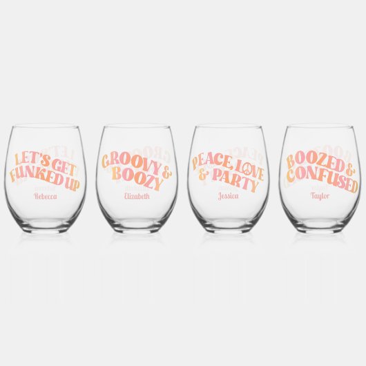 Pfirsichrosa Retro Girls Trip Weinglas Ohne Stiel (Hinten)