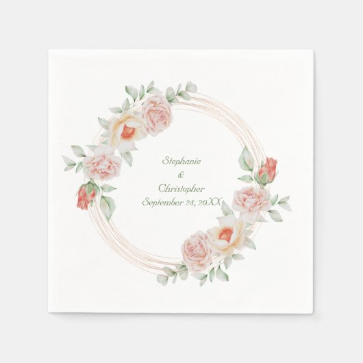 Pfirsichrosa Rose-grüne Blütengoldrahmen Hochzeit Serviette (Vorderseite)