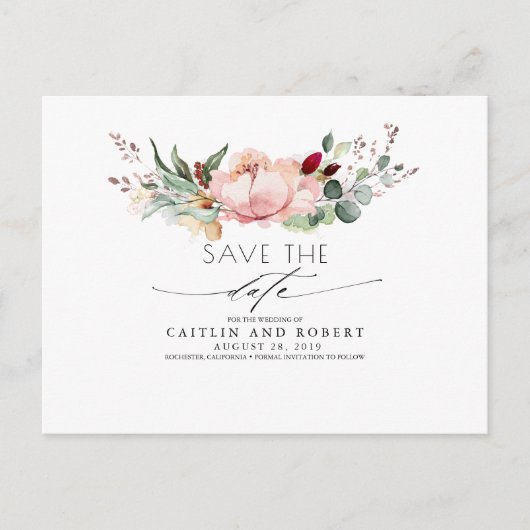 Pfirsichrosa und Burgund - Floral Save the Date Postkarte (Vorderseite)