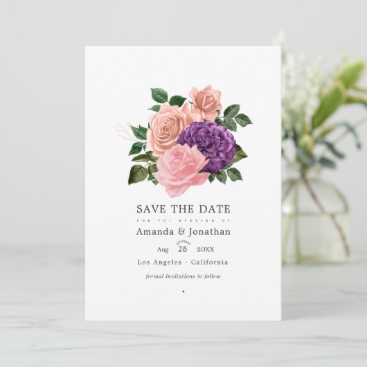 Pfirsichrosa und Lavendel Lila Blumenhochzeit Save The Date (Stehend Vorderseite)