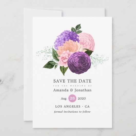 Pfirsichrosa und Lavendel Lila Blumenhochzeit Save The Date (Vorderseite)