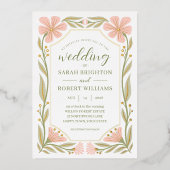 Pfirsichrosa und Salbei grün Jugendstil Wilde Blum Folieneinladung (Vorderseite)