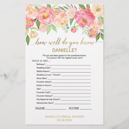 Pfirsichrosa "Wie gut kennst du die Braut" Spiel (Vorderseite)