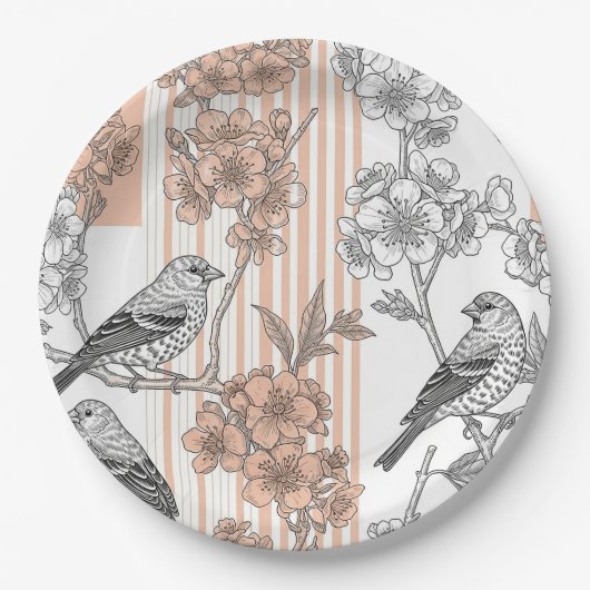 Pfirsichstreifen Blumen-Vogel Elegant (1) Pappteller (Vorderseite)