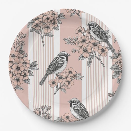 Pfirsichstreifen Blumen-Vogel Elegant (2) Pappteller (Vorderseite)