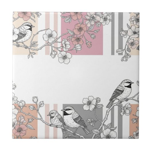 Pfirsichstreifen Blumenmuster Vogel Elegant (10) Fliese (Vorderseite)