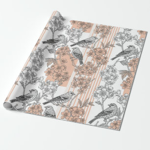 Pfirsichstreifen Blumenmuster Vogel Elegant (1) Geschenkpapier