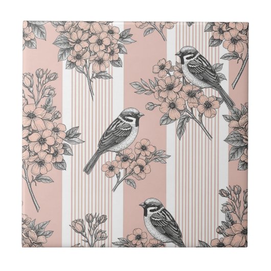 Pfirsichstreifen Blumenmuster Vogel Elegant (2) Fliese (Vorderseite)